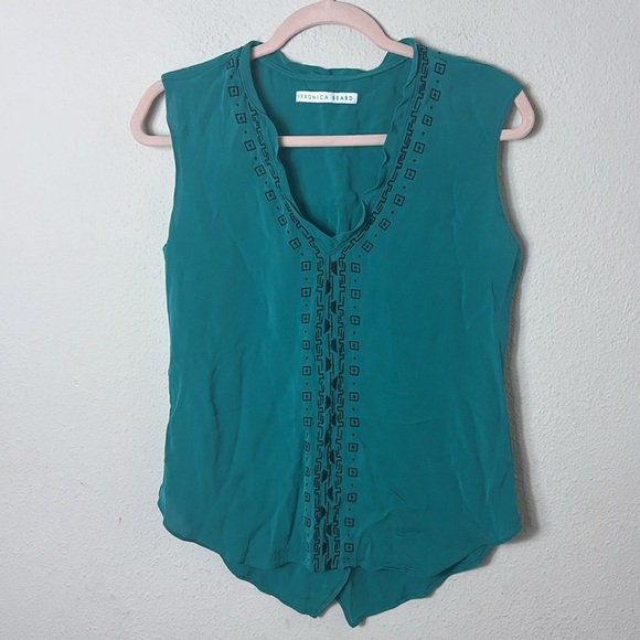 Veronica Beard Teal Embroidered Sleeveless Silk Blouse size Medium - Picture 2 of 6